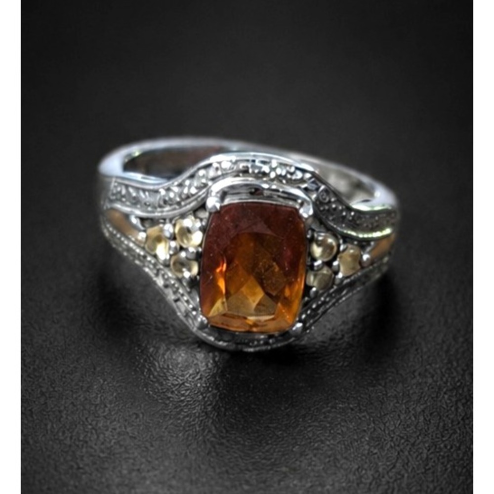Amber Glass Rhinestone Ornate Sterling Silver Tone Ring Size 8  R-TN40